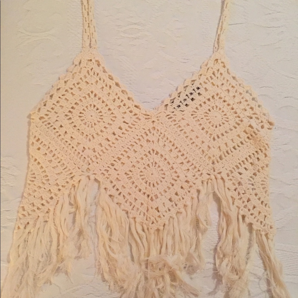 NWOT 100% cotton crochet top with fringe by Addie